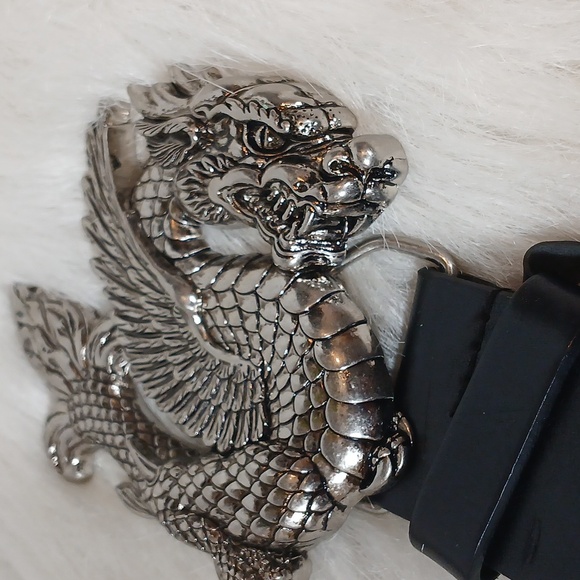 Nick & Nora Elegant Black Leather Belt with Silver Dragon Buckle Unisex Sz S - Picture 2 of 6